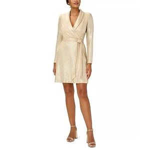 Adrianna Papell Wrap Dress Metallic Shimmer Knit Long Sleeve Gold 12 Cocktail